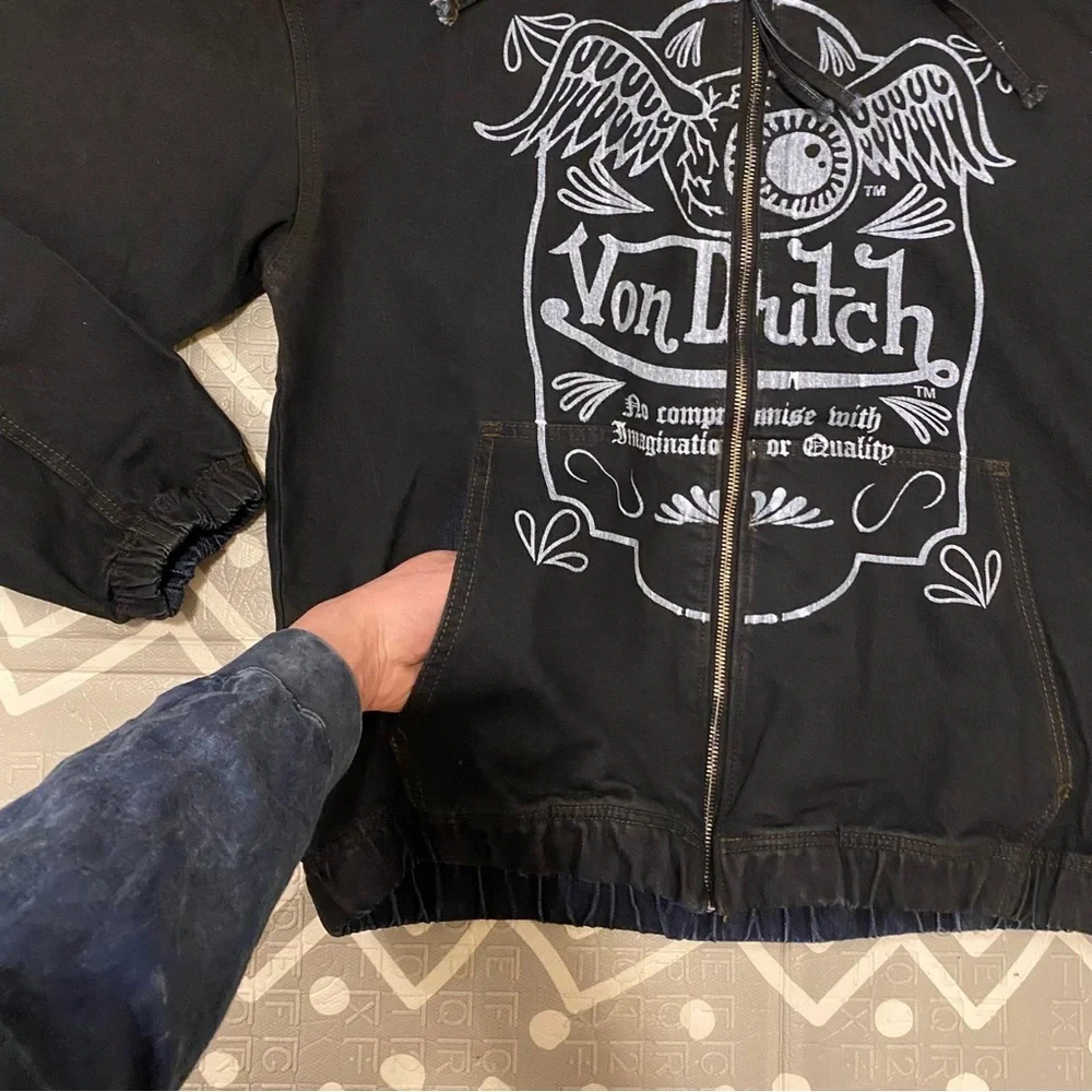 Von Dutch vintage retro washed denim jean hoodie jacket coat large